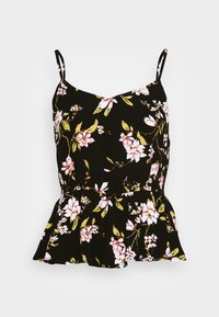 Camisola nera floreale con spalline sottili, caratterizzata da motivi di fiori rosa e verdi. Orlo svasato in vita, realizzata in tessuto leggero.