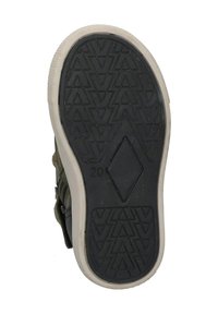 Zwarte rubberen schoenzool met een gestructureerd patroon van driehoeken en diamanten. Witte rand, label geeft "20" aan voor de maat.