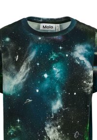 T-shirt z krótkim rękawem z nadrukiem galaktyki, przedstawiającym planety, gwiazdy i mgławice w odcieniach niebieskiego i zielonego, wykonany z lekkiej bawełny.