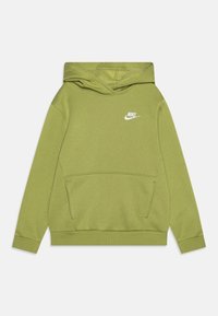 Ljust grönt Nike-hoodie med framficka och vit Nike-logga på vänster bröst, liggande platt på en vit bakgrund.