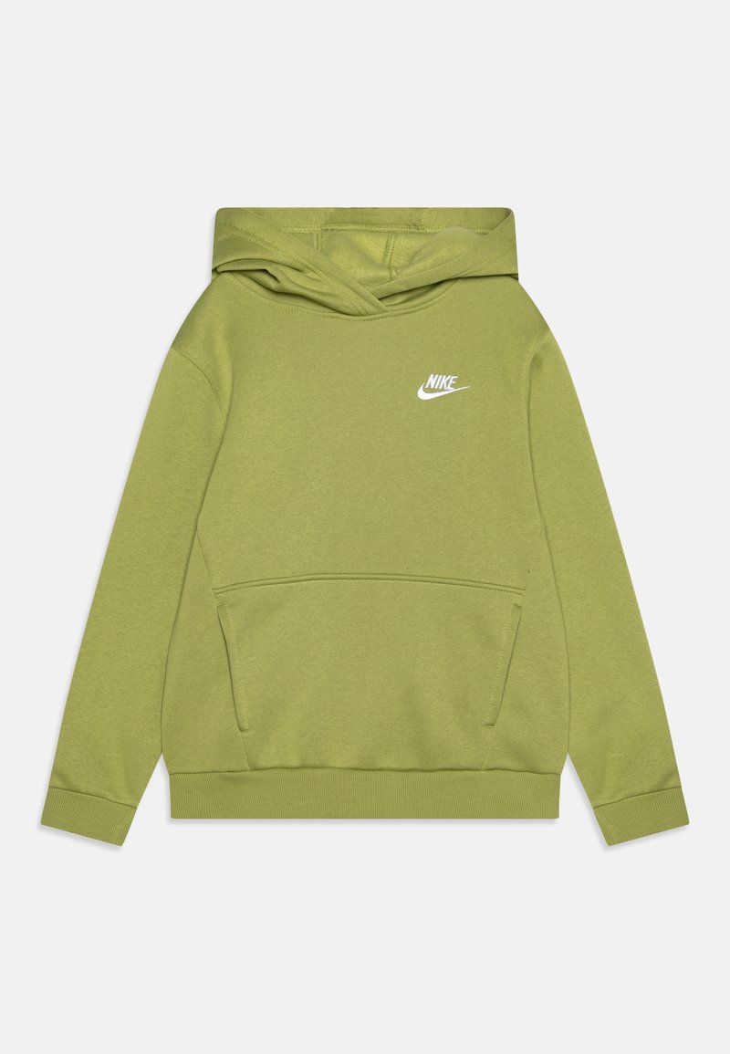 Vaaleanvihreä Nike-huppari, jossa on etupuolella kengurupocket ja valkoinen Nike-logo vasemmassa rinnassa, asetettuna tasaiseksi valkoiselle taustalle.