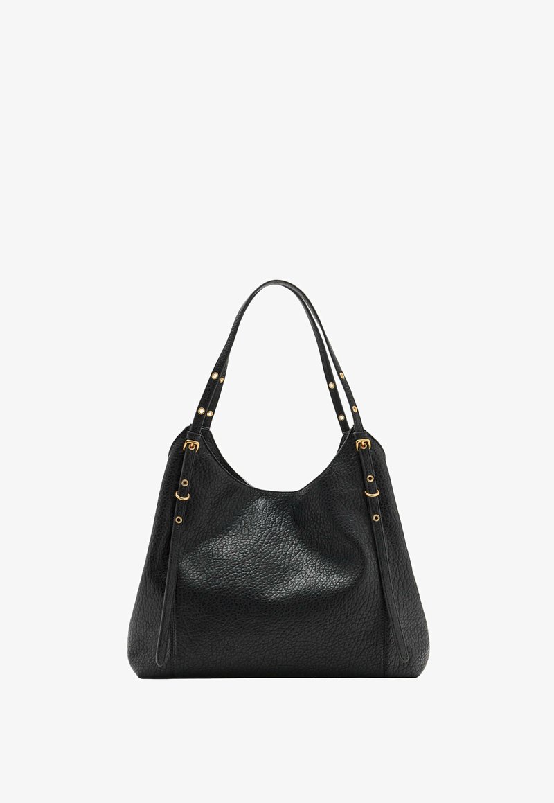Sac à main en cuir texturé noir avec deux bretelles d'épaule ornées de boucles et de rivets dorés.