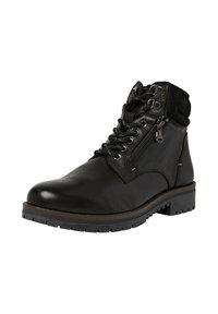 Bottine noire en cuir avec finition texturée, lace-up à l'avant, fermeture éclair sur le côté, col rembourré et semelle en caoutchouc avec motif pour traction.