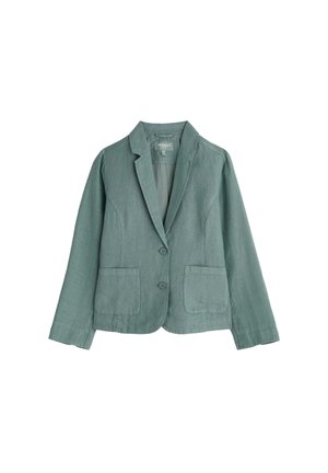 Groene enkelrijige blazer met inkeping revers, twee knopen aan de voorkant, opgestikte zakken en lange mouwen, gemaakt van gestructureerde stof.
