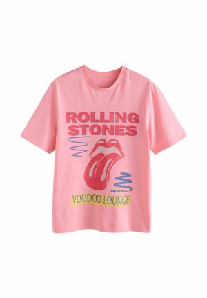 Rosa Kurzarm-T-Shirt mit "Rolling Stones"-Text, rotem Zungen- und Lippen-Logo, blauen Schwüngen und gelbem "Voodoo Lounge 1994"-Text.