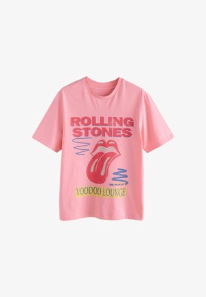 Różowa koszulka z krótkim rękawem z napisem "Rolling Stones", logo czerwonego języka i warg, niebieskimi falami oraz żółtym napisem "Voodoo Lounge 1994".
