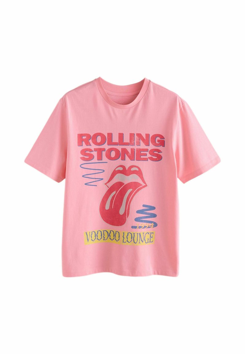 Růžové tričko s krátkým rukávem s textem "Rolling Stones", logem červeného jazyka a rtů, modrými vlnkami a žlutým textem "Voodoo Lounge 1994".