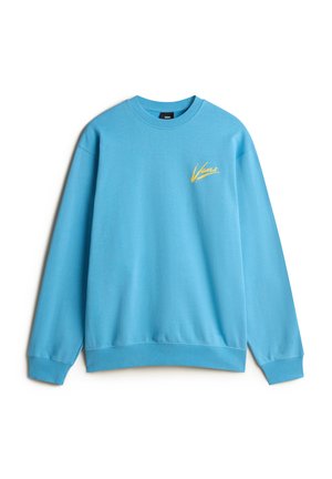 Light blue sweatshirt with a crew neck, long sleeves, and ribbed cuffs. Features a yellow Vans logo on the left chest area. Smooth fabric.