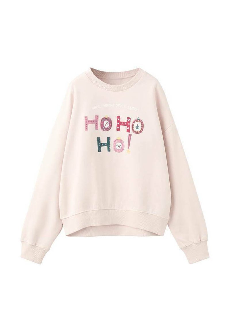 Felpa rosa chiaro con maniche lunghe, scollatura rotonda e orlo corto. Presenta un vivace testo "Ho Ho Ho!" e ornamenti festivi.