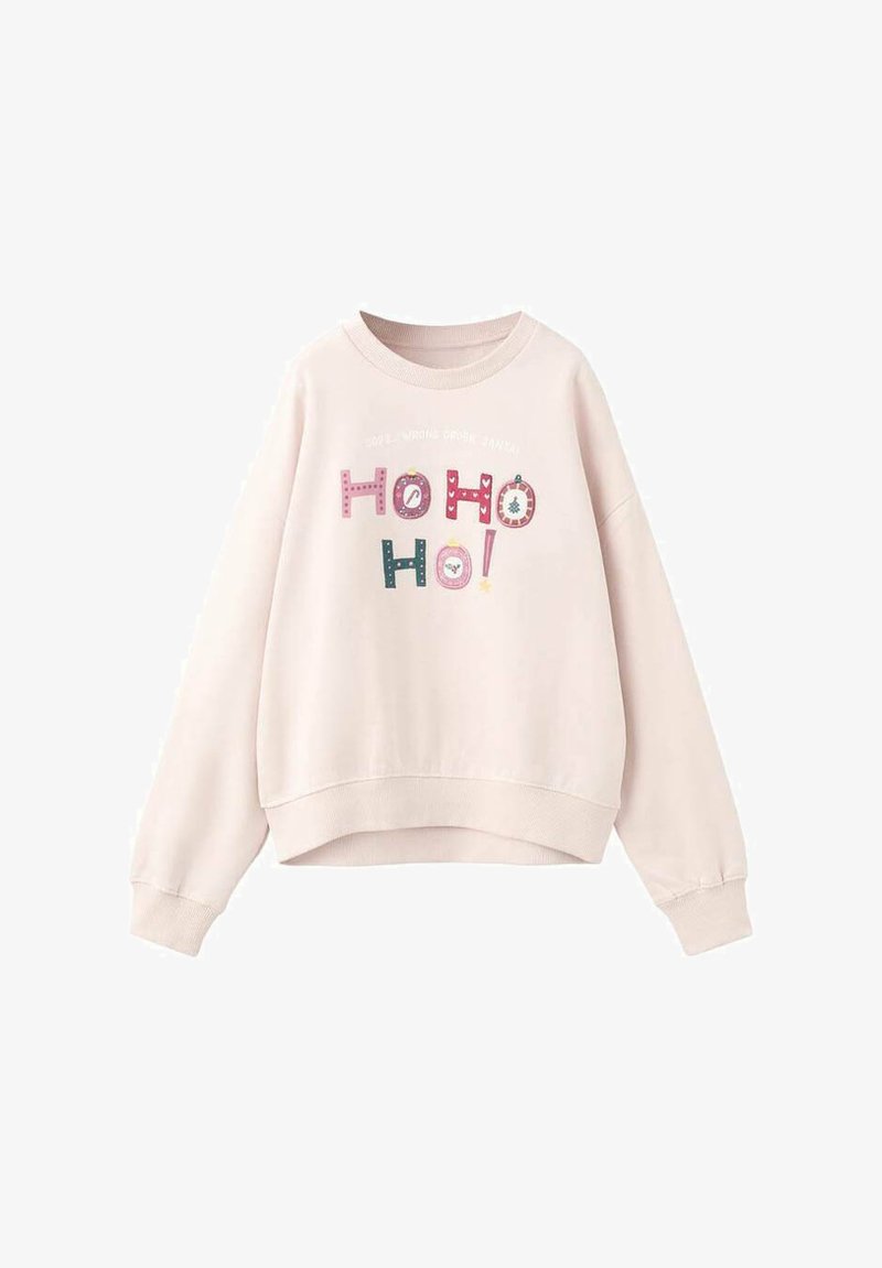 Světle růžová mikina s dlouhými rukávy, kulatým výstřihem a zkráceným lemem. Obsahuje barevný nápis "Ho Ho Ho!" a slavnostní motivy.