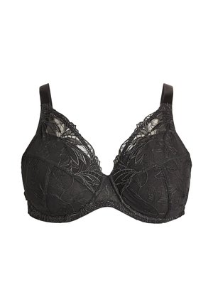 Črn čipkast modrček z cvetličnim vezenjem, globokim izrezom, nastavljivimi naramnicami in brezšivno zasnovo skodelic za podporo in udobje.