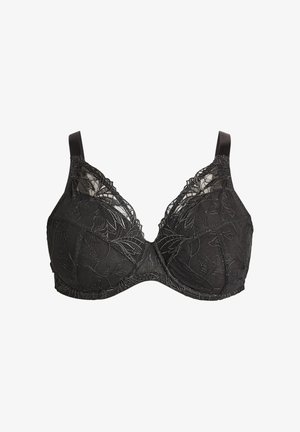 Schwarzer Spitzen-BH mit floralem Stickereidesign, einem tiefen Ausschnitt, verstellbaren Trägern und einem nahtlosen Cup-Design für Unterstützung und Komfort.