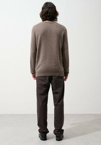 Brauner Wollpullover mit Rundhalsausschnitt, lockere Passform. Kombiniert mit dunkelbraunen Hosen und schwarzen Schuhen, von hinten vor einem neutralen Hintergrund gesehen.