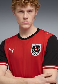 Κόκκινη ποδοσφαιρική φανέλα με μαύρα μανίκια, με λευκό λογότυπο Puma και έμβλημα με μαύρες και λευκές λεπτομέρειες. Σχεδιασμός με λαιμόκοψη V, υφασμένο ύφασμα.