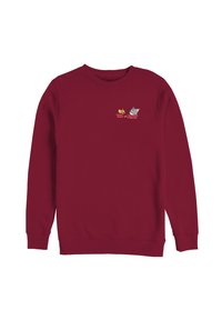 Felpa bordeaux con maniche lunghe. Presenta un motivo ricamato di Tom e Jerry con testo. Tessuto liscio, scollo rotondo.