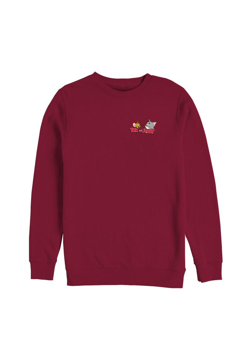 Felpa bordeaux con maniche lunghe. Presenta un motivo ricamato di Tom e Jerry con testo. Tessuto liscio, scollo rotondo.