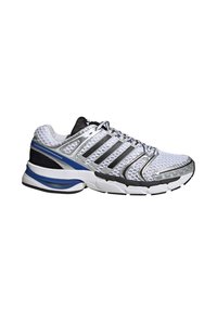 Chaussure de sport avec une tige en mesh de couleur blanche, gris et accents noirs. Comprend des détails argentés, une semelle rembourrée et une bande bleue proéminente.