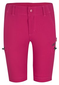 Roze kratke hlače od lagane tkanine, s kopčanjem na gumb, bočnim džepovima i crnim akcentima. Glatka tekstura s detaljima šivanja.