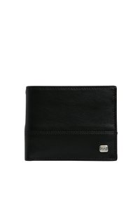 Black leather wallet with a smooth texture, bi-fold design, and silver hardware logo detail on the front. Simple, minimalistic style.