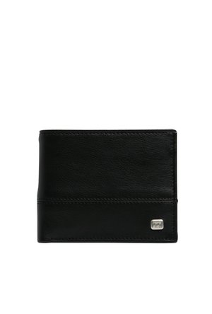 Black leather wallet with a smooth texture, bi-fold design, and silver hardware logo detail on the front. Simple, minimalistic style.