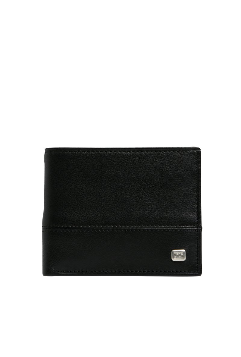 Black leather wallet with a smooth texture, bi-fold design, and silver hardware logo detail on the front. Simple, minimalistic style.