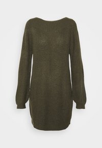 Pletený svetr v tmavé olivové barvě s širokým výstřihem, dlouhými rukávy a žebrovanými manžetami. Texturovaná látka s volným, uvolněným střihem.