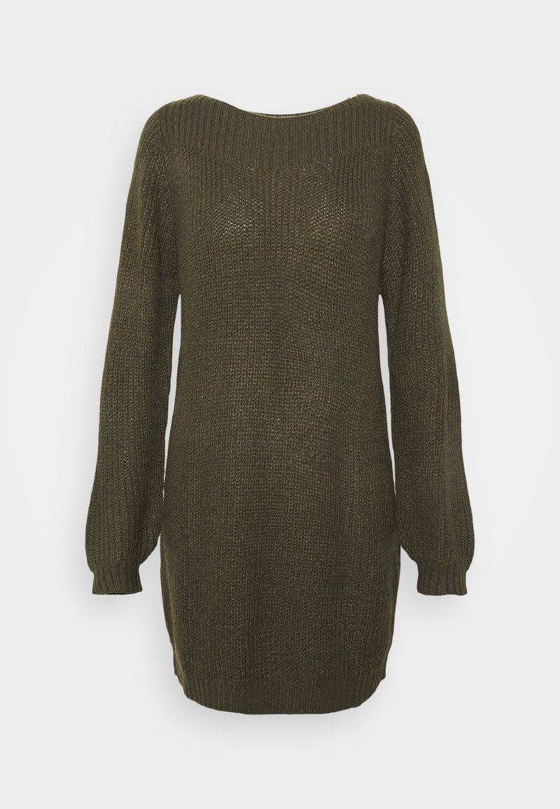Pletený svetr v tmavé olivové barvě s širokým výstřihem, dlouhými rukávy a žebrovanými manžetami. Texturovaná látka s volným, uvolněným střihem.