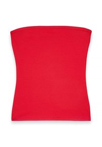 Rotes, geripptes, trägerloses Oberteil aus dehnbarem Material. Verfügt über ein nahtloses Design und einen geraden Ausschnitt. Geeignet für den Alltag.