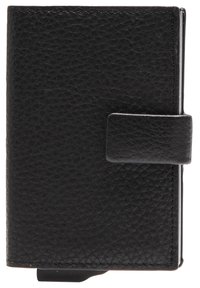 Portefeuille en cuir noir avec une texture, de forme rectangulaire et une fermeture à sangle simple. Présente des bords nets et un design minimaliste.