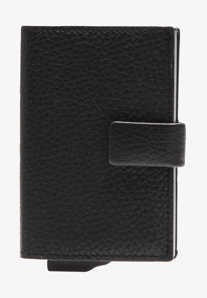 Schwarze Leder-Geldbörse mit strukturiertem Finish, rechteckiger Form und einem einfachen Riegelverschluss. Merkmale sauberen Kanten und minimalistisches Design.