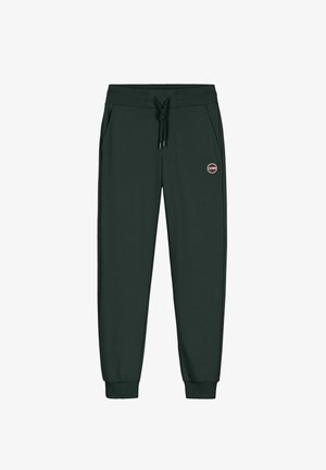 Pantaloni della tuta verde scuro realizzati in un tessuto morbido, con vita regolabile tramite cordoncino, tasche laterali e un logo rotondo applicato sul davanti.