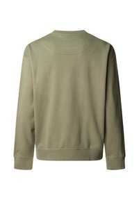 Φούτερ σε ελιά πράσινο με στρογγυλή λαιμόκοψη, μακριά μανίκια, ριμπ μανσέτες και ριμπ τελείωμα, εμφανίζεται από πίσω σε απλό λευκό φόντο.