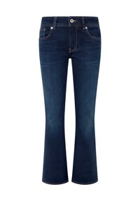 Mörkblå denimjeans med lätt utsvängning, knapp och dragkedjestängning fram, samt fem fickor med synlig sömnad.