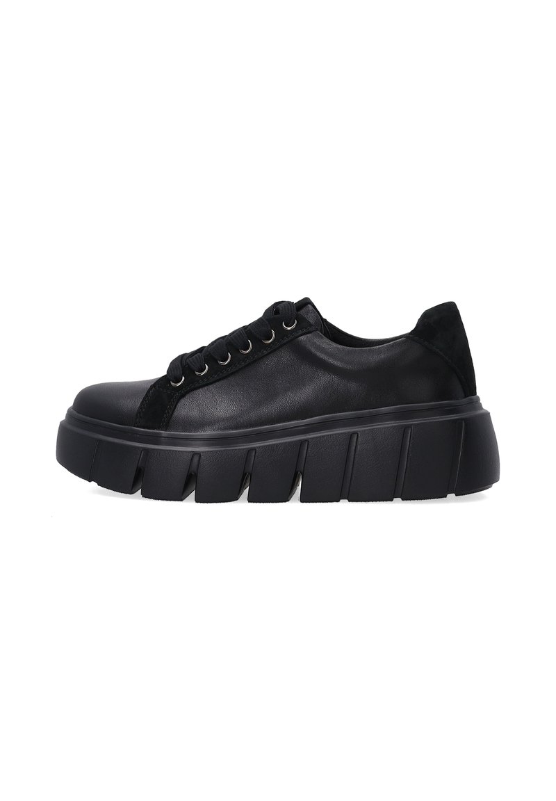 Schwarzer Sneaker mit einem Obermaterial aus glattem Leder und Wildlederakzenten. Verfügt über eine dicke, geriffelte Sohle, sechs Ösen und ein rundes Zehendesign.
