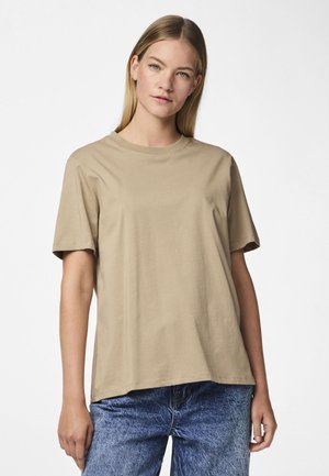 Beige cotton t-shirt with a round neck, short sleeves, and a relaxed fit. The fabric appears smooth, with no visible patterns or accents.