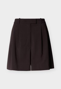 Shorts taille haute marron foncé avec passants pour ceinture, fermeture éclair à l'avant, plis et ourlet légèrement évasé sur un fond clair.