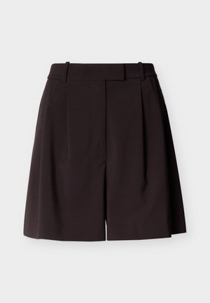 Dark brown high-waist shorts with belt loops, front zipper, pleats, and a slightly flared hem against a light background.