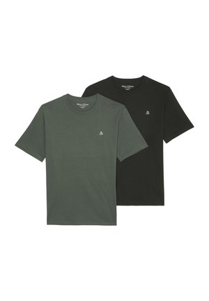 Two crewneck t-shirts: one olive green and one black. Both are made of soft fabric, featuring a small white logo on the chest.