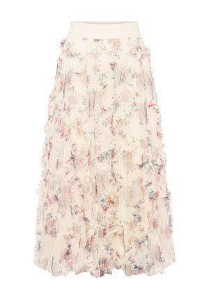 Lang, gennemsigtig cremefarvet nederdel med pink og grønne blomsterprint og teksturerede flæsedetaljer, med en bred cremefarvet taljebånd.
