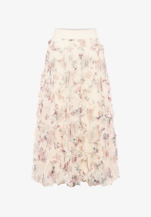 Lang, gennemsigtig cremefarvet nederdel med pink og grønne blomsterprint og teksturerede flæsedetaljer, med en bred cremefarvet taljebånd.