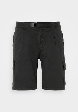 Black cargo shorts with a flat front, multiple side pockets, and a belt, made of durable fabric with a smooth texture.
