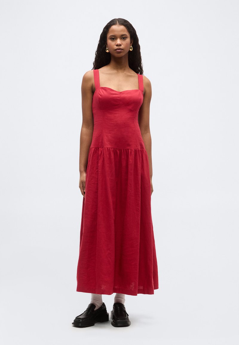 red beautiful dress Aimee Red Linen Blend Bustier Maxi Dress