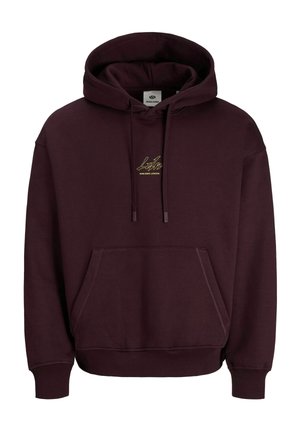 Dunkelburgunder Kapuzenpullover mit Kängurutasche und gelbem Schriftzug "Ldn NINE ZERO LONDON" auf der Brust.