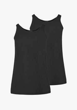 Twee eenvoudige zwarte mouwloze tanktops met ronde halslijnen, geslaagd over elkaar weergegeven op een witte achtergrond.