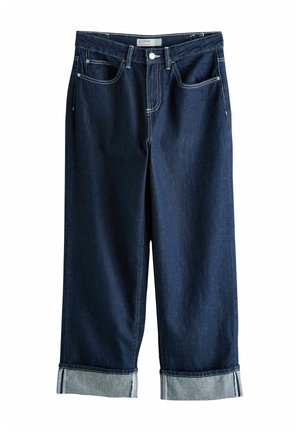 Dunkelblaue Jeanshose mit entspanntem Schnitt, umgeschlagenen Bündchen, traditionellem Fünf-Taschen-Design und kontrastierenden Steppnähten.