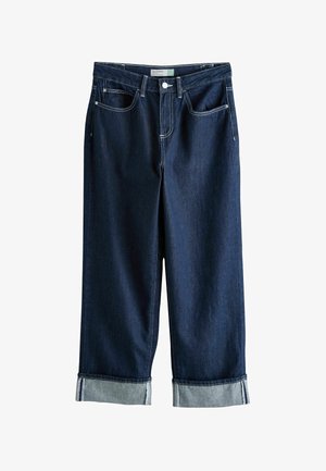 Dunkelblaue Jeanshose mit entspanntem Schnitt, umgeschlagenen Bündchen, traditionellem Fünf-Taschen-Design und kontrastierenden Steppnähten.