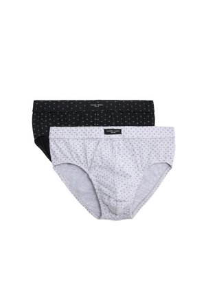 Dos calzoncillos tipo slip de hombre, uno negro con un pequeño patrón de puntos blancos y otro gris claro con un pequeño patrón de diamantes rojos, ambos de la marca Ysabel Mora.