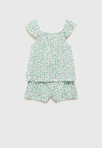 Completo floreale con tonalità verdi e bianche; presenta un top senza maniche con maniche arricciate e pantaloni corti coordinati. Tessuto leggero.