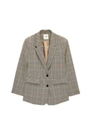 Blazer monopetto a quadri con due bottoni neri, tasche a patta, rever a lancia e fodera beige visibile all'interno.