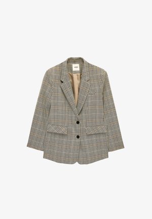 Enkeltknappet ternet blazer med to sorte knapper, klaplommer, notched revers og beige foring synlig indvendigt.